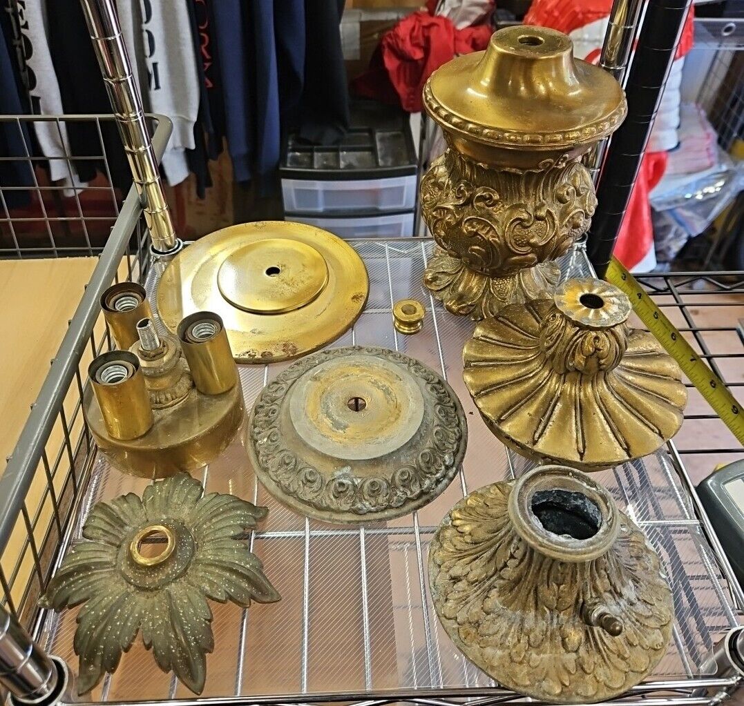Lot Of 9 Ornate Brass Lamp Chandelier Parts Repair Replacements