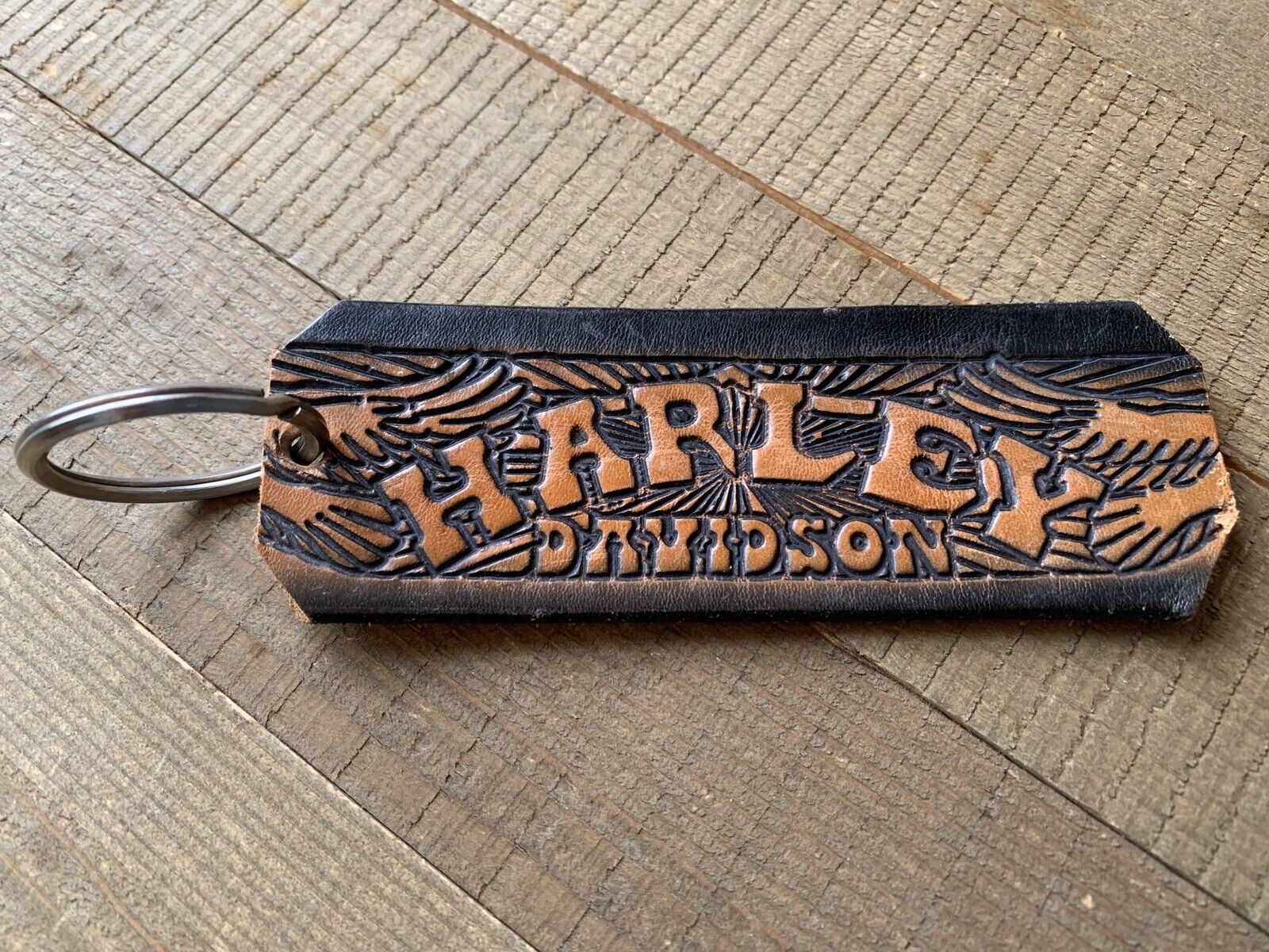 Unique Vintage Brown Tooled Leather Harley Davidson Key Chain  Cool