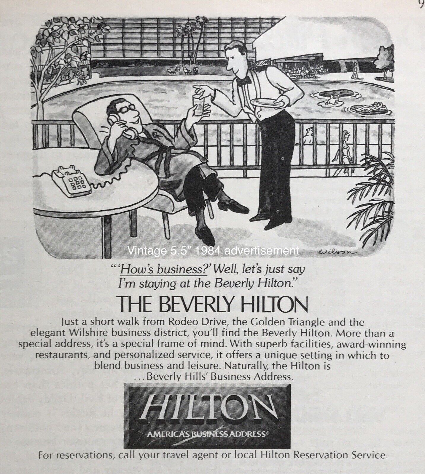 1984 Beverly Hilton HOTEL Wilson Cartoon PRINT AD 5.5” VINTAGE