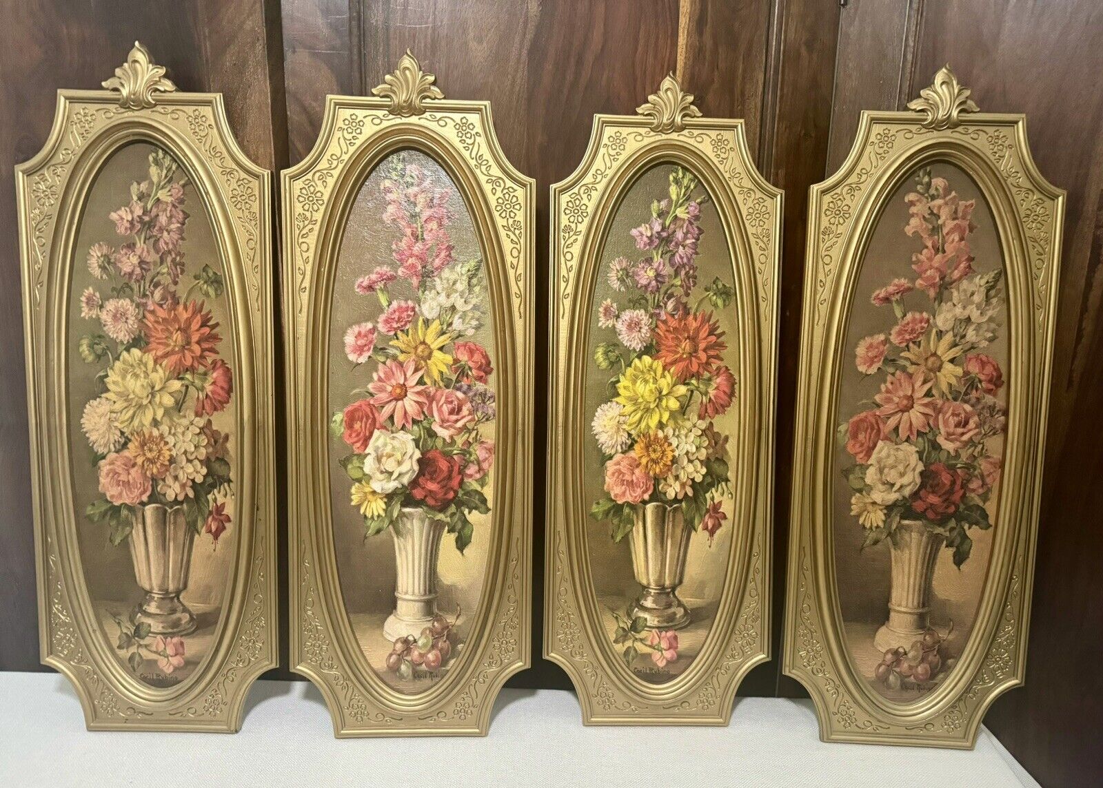Set Of 4 MCM 1970s Era Cecil Rubino Gold Framed Floral Paintings MINT