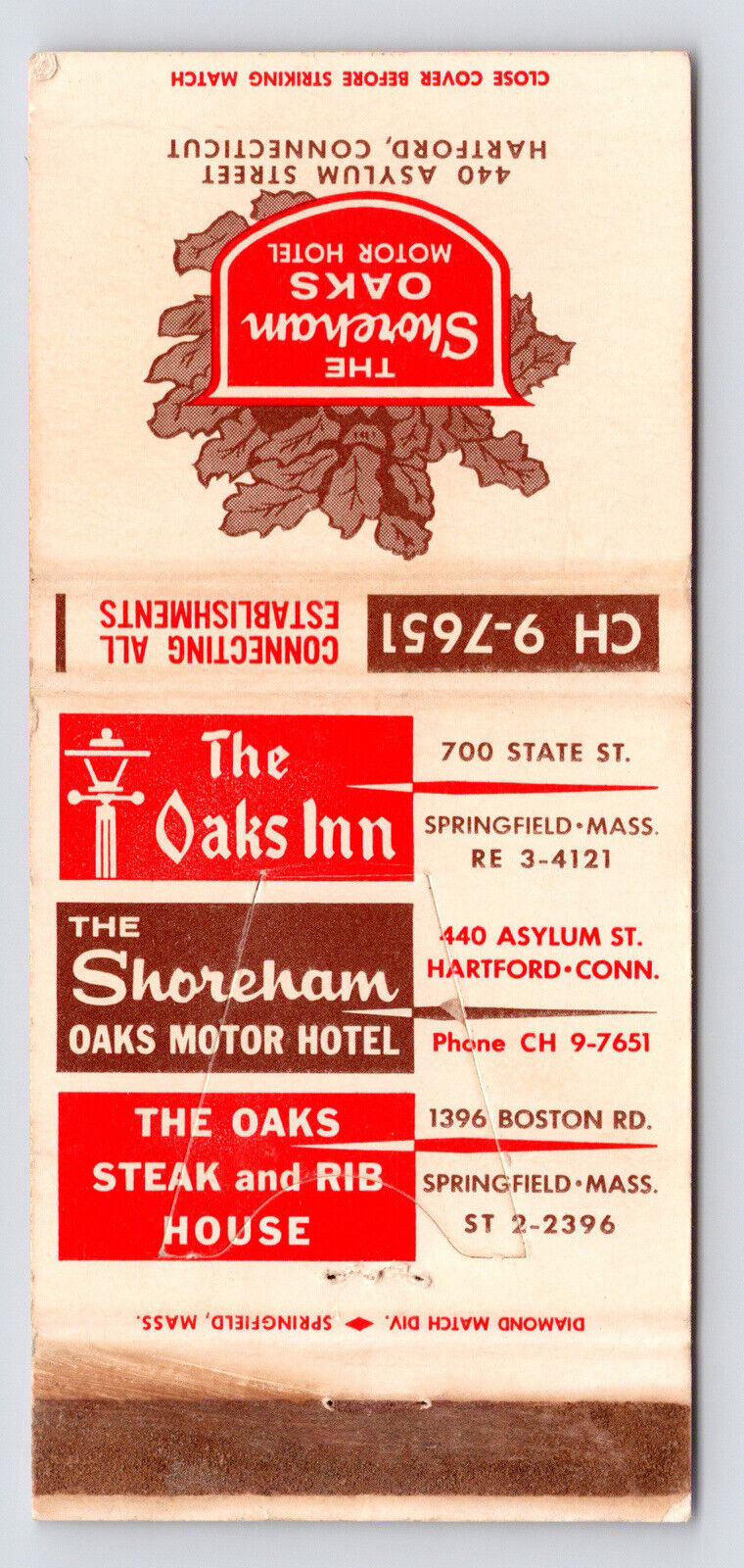 c1950s~Hartford Connecticut CT~Shoreham Oaks Motor Hotel~Vtg Matchbook Cover