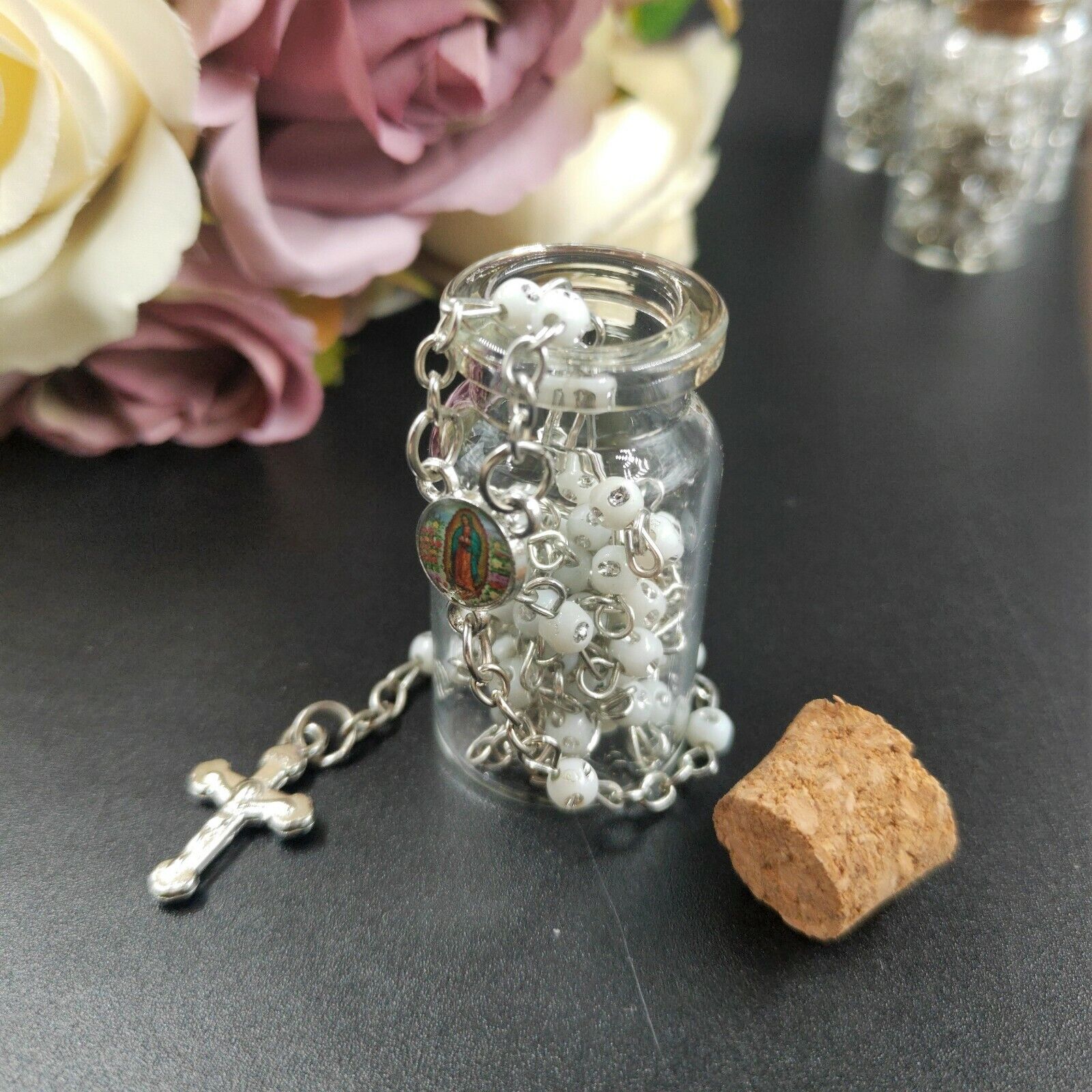 12 Piece Lot Rosary Glass Beads Beaded CATHOLIC Rosary Crucifix Necklace Bottle