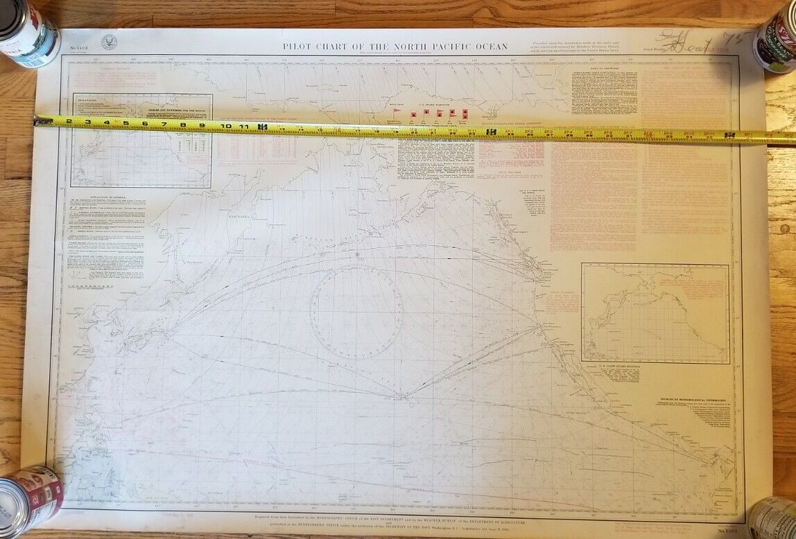 1937 Two Sided Pilot Chart Of The North Pacific Vintage Ocean Map