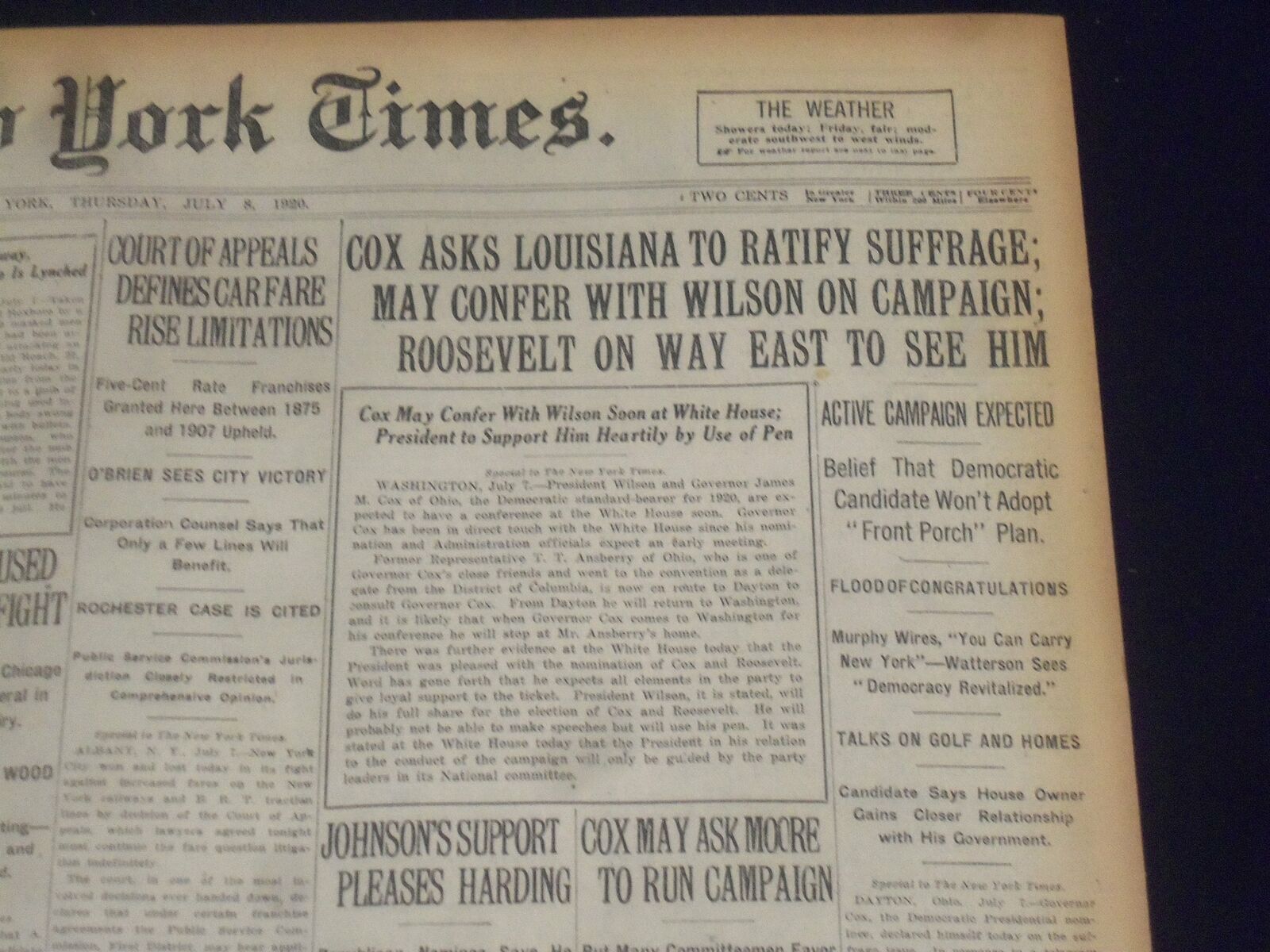 1920 JULY 8 NEW YORK TIMES - COX ASKS LOUISIANA TO RATIFY SUFFRAGE - NT 9324