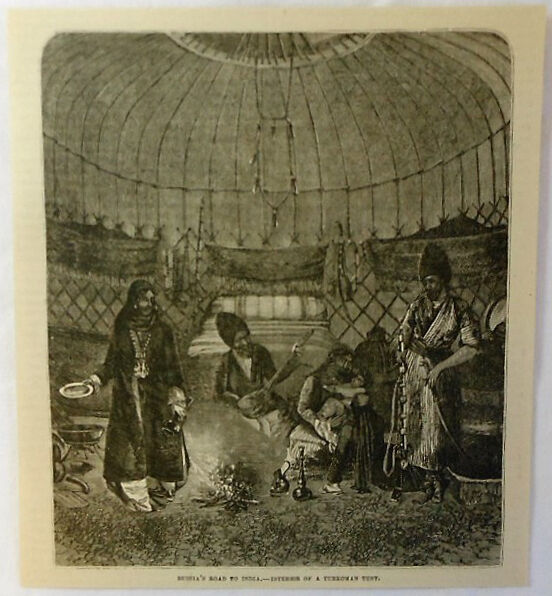 1878 magazine engraving ~ INSIDE OF A TURKOMAN TENT Russia's road to India