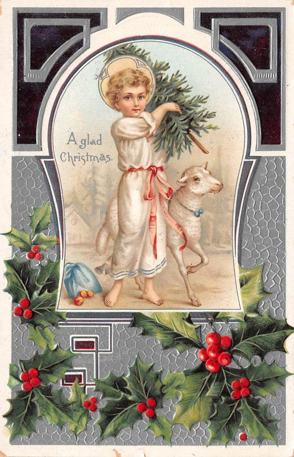 A Glad Christmas Angel Lamb Holly Postcard