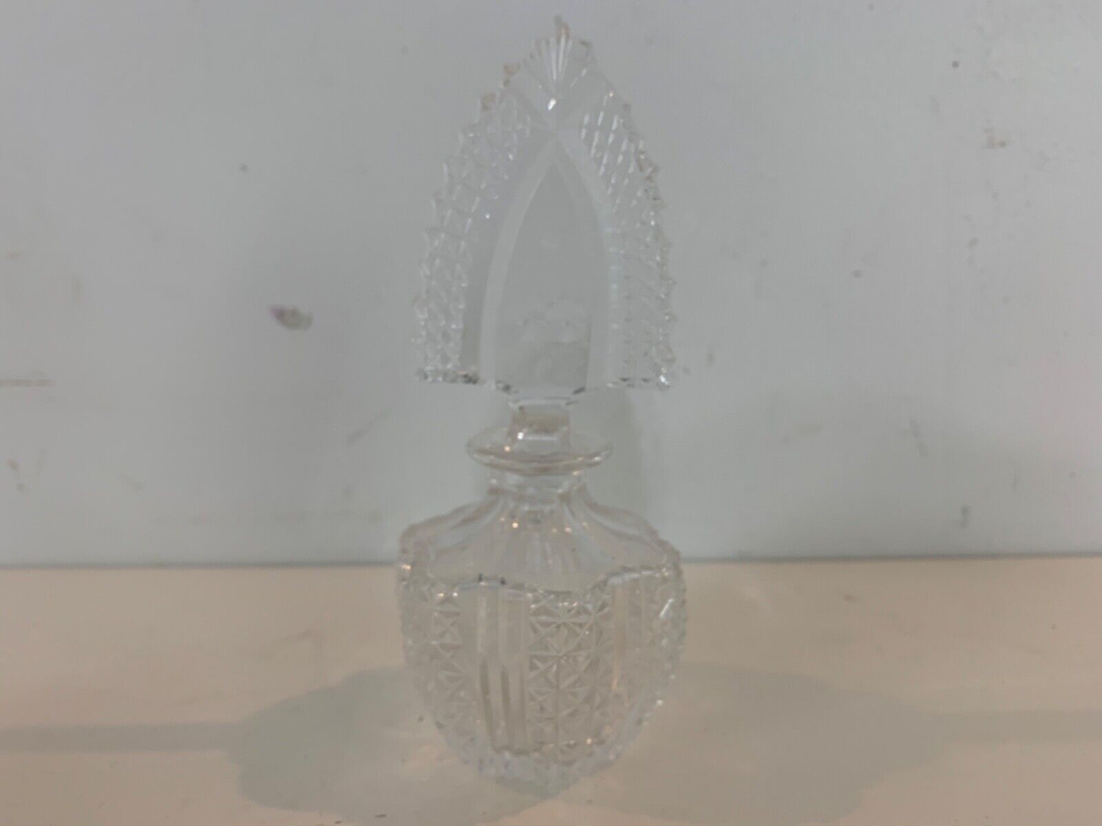 Vtg Czechoslovakia Clear Cut Glass Vanity Perfume Bottle with Etched Floral Dec.