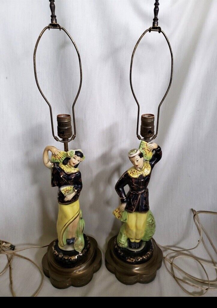 Vtg Mid Century PAIR 40s Asian Man & Woman Figural Lamps Tall 21\