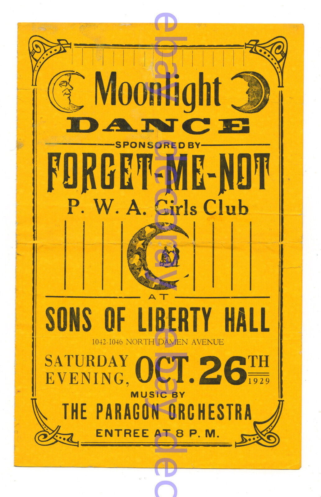 CHICAGO 1929 Moonlight Dance Program @ Sons Of Liberty Hall