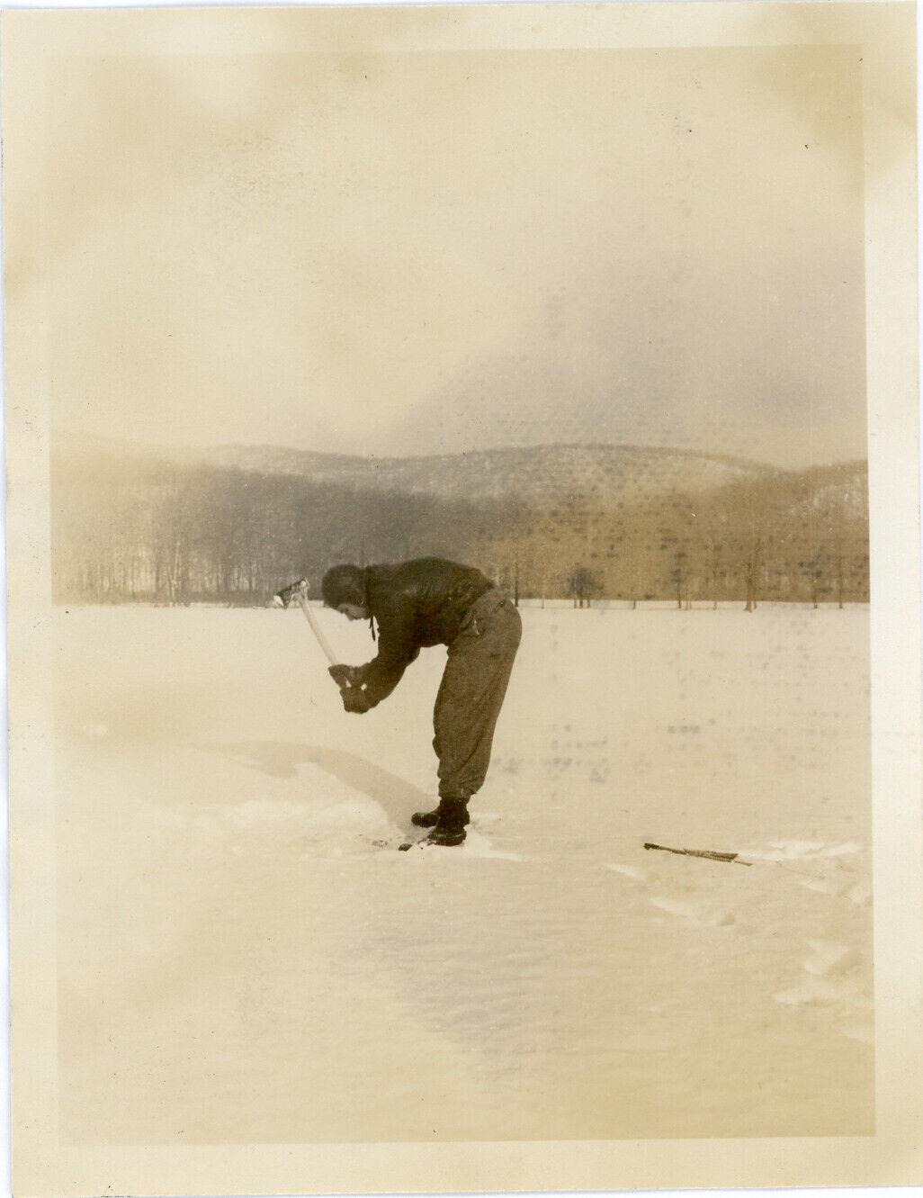 Man Breaking Ice with Axe Vintage Snapshot Photo Winter Lake Fishing Snow 145