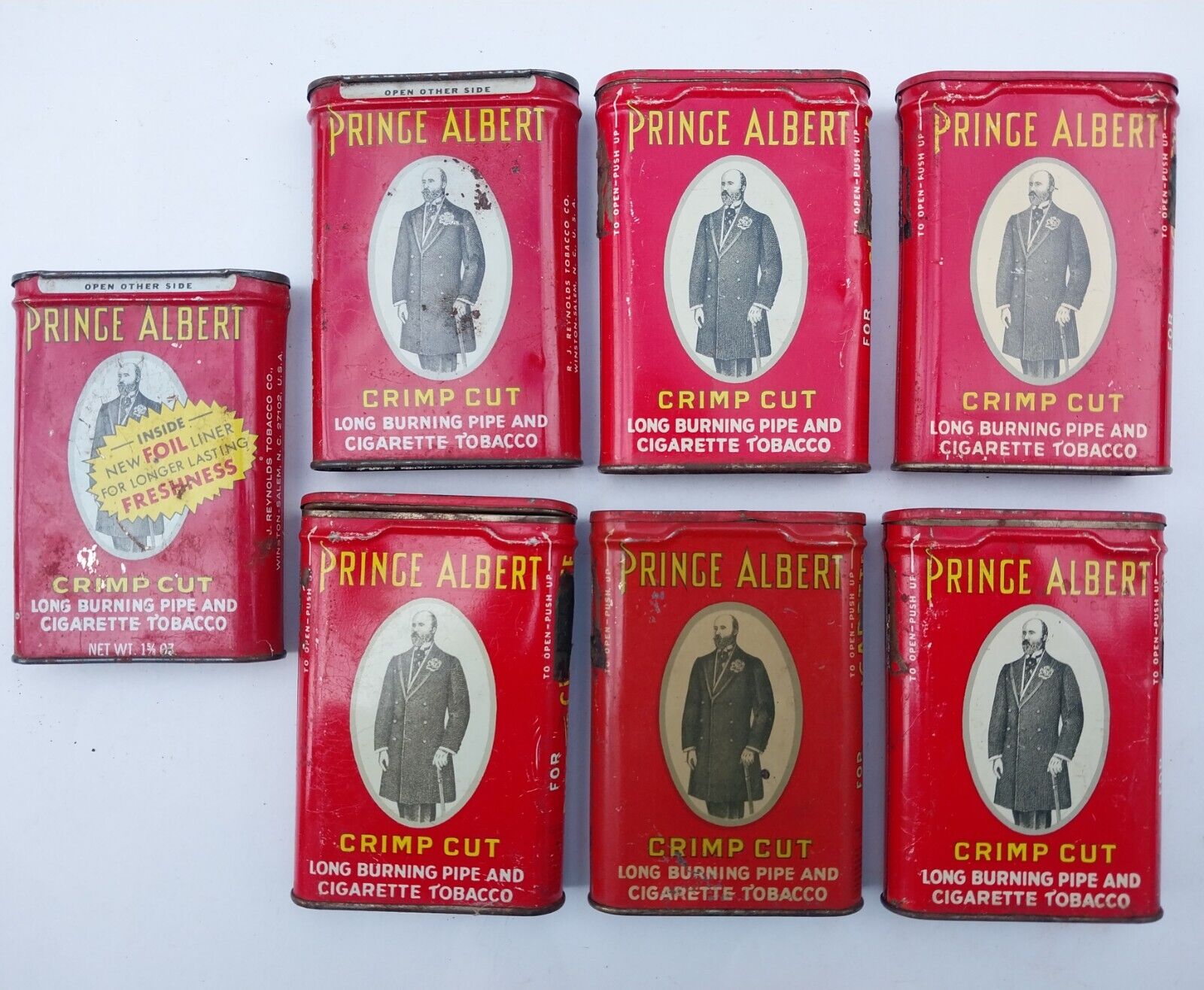 7 VTG Prince Albert Crimp Cut Empty Pipe & Tobacco Pocket Tin RARE