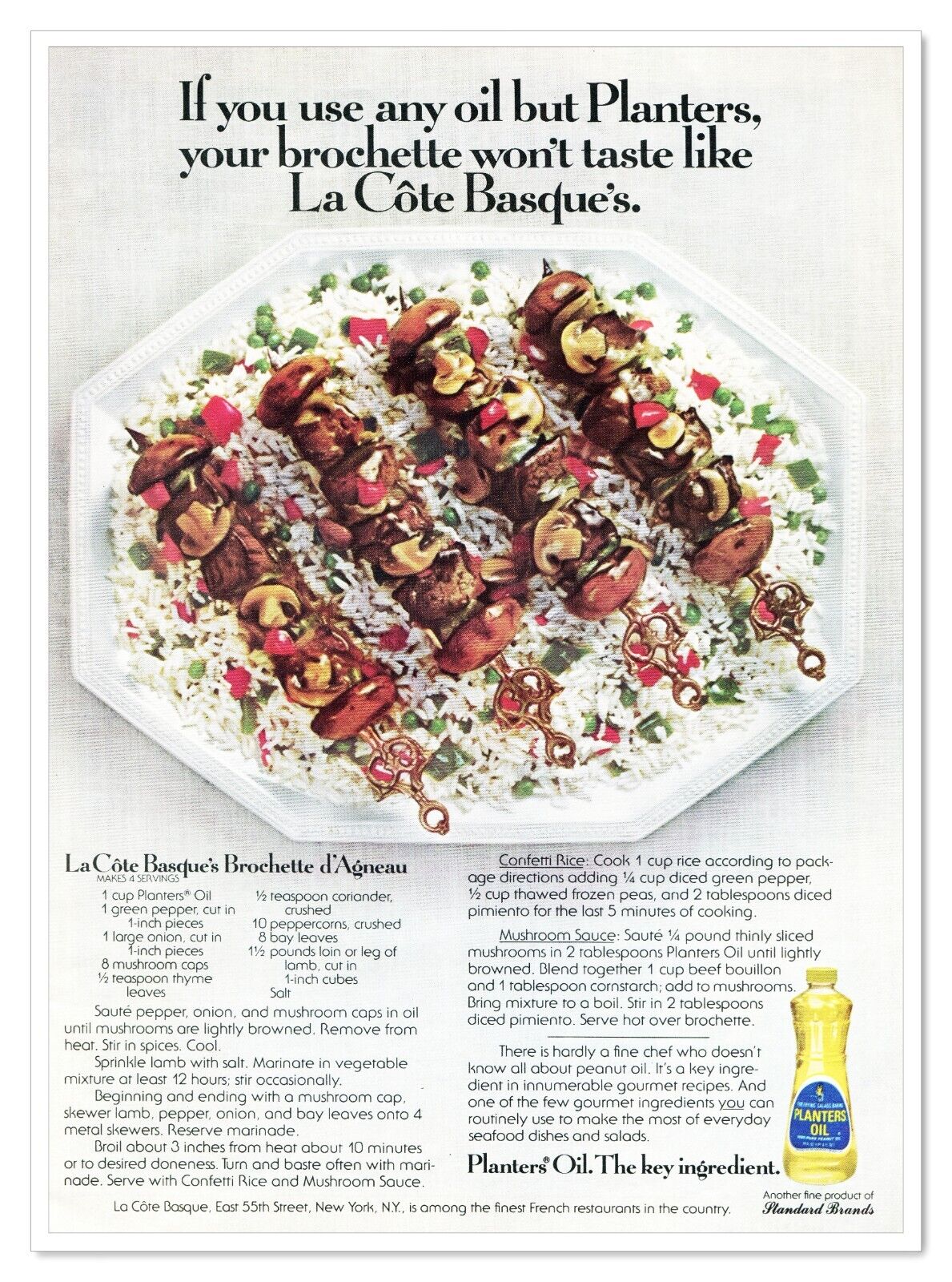 Planters Oil La Cote Basque Brochette Recipe Vintage 1976 Full-Page Magazine Ad