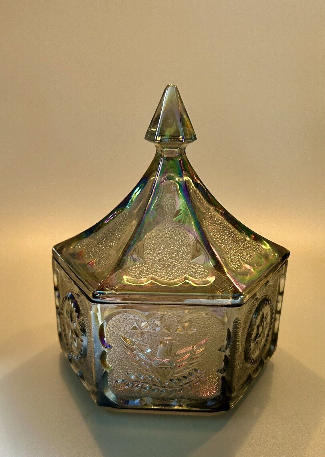 Indiana Glass Tiara Eagles and Stars Iridescent Carnival Lidded Tent Candy Dish