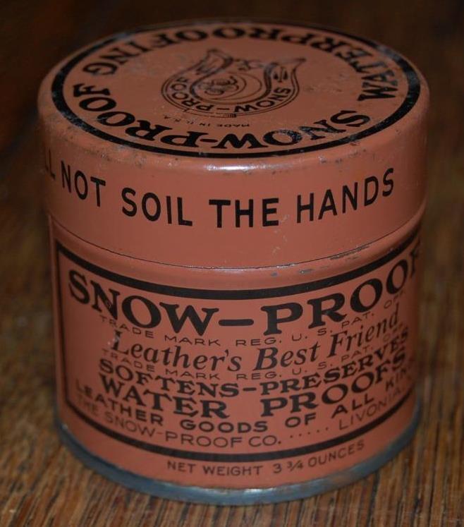 VINTAGE SNOW PROOF LEATHER WATERPROOFING TIN, GREAT COLORS & GRAPHICS LIVONIA NY