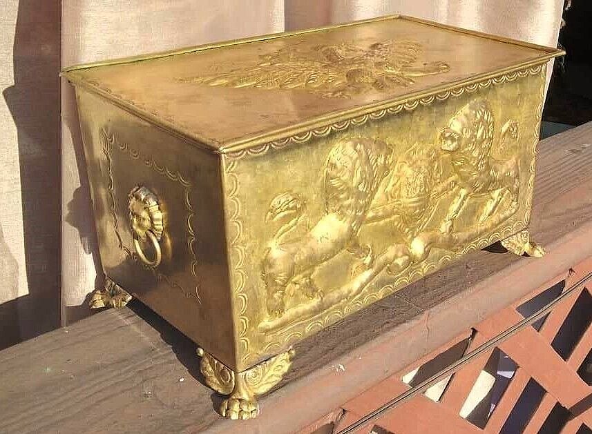 Antique Solid Brass Hand Tooled Embossed/Sculpted Humidor with Liner and Basket