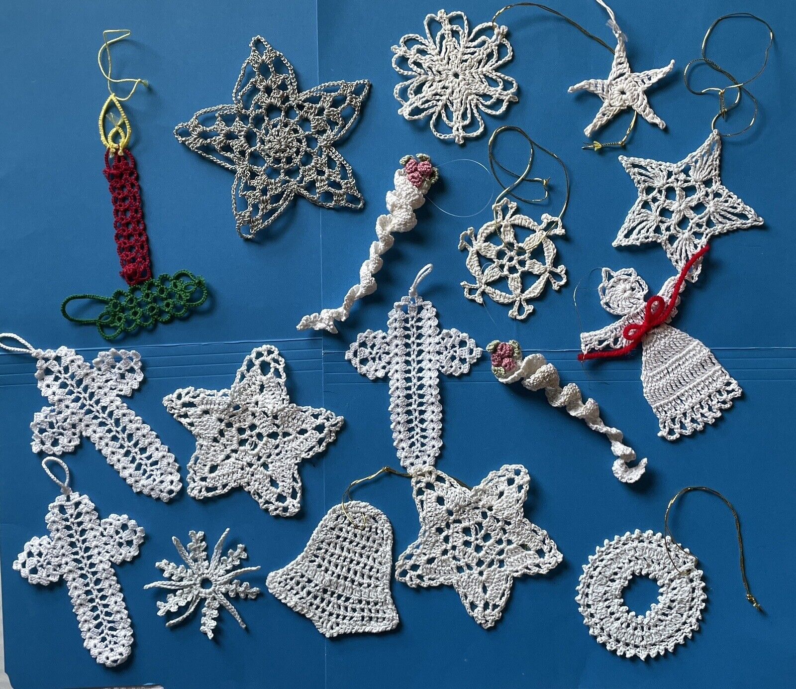 Vintage Lot Of 17 Handmade Crocheted Christmas Ornaments Candle Cross Star Angel