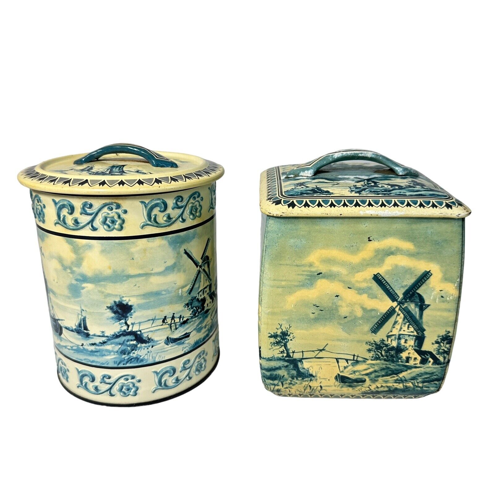 Vintage Delft Blue White Tins Canister Windmills Boat Biscuit Western Germany 6”