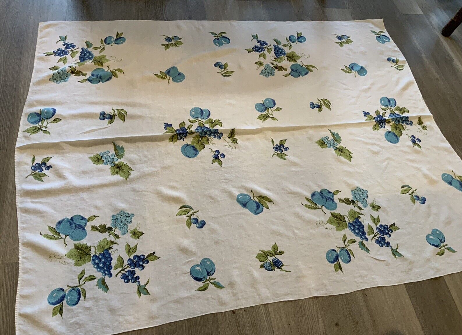 Vintage Antique Rectangle Tablecloth, Printed Leaf & Fruit Design, Linen, Blue