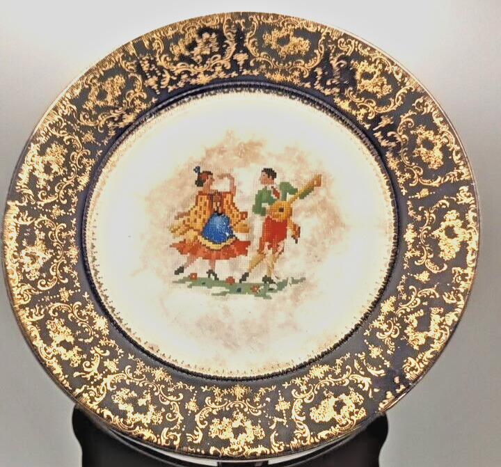 RARE VTG SPANISH DANCERS COLLECTIBLE ROUND PLATE w/GOLD DETAILS MUSIC SCENE
