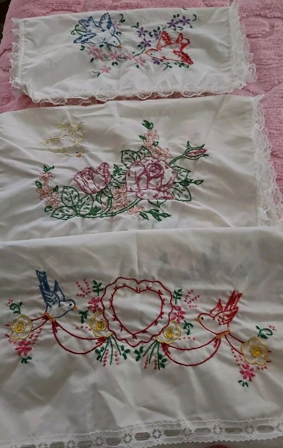 Lot Of 3 Vintage Hand Embroidered Table Runners Bird & Flower Themed Mixed Sizes