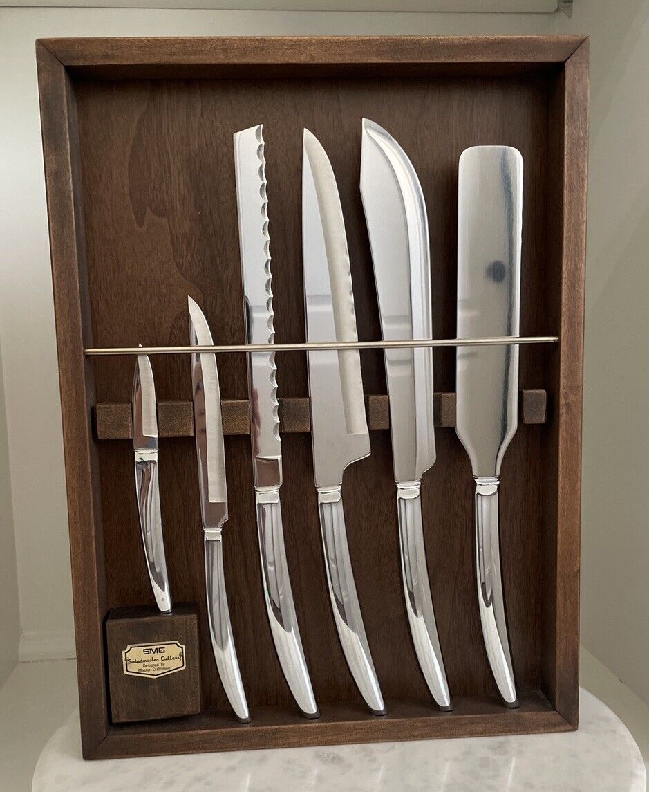 Vintage 6 Pc Mid Century Modern Kitchen Saladmaster Cutlery Knife Set Wood Case 