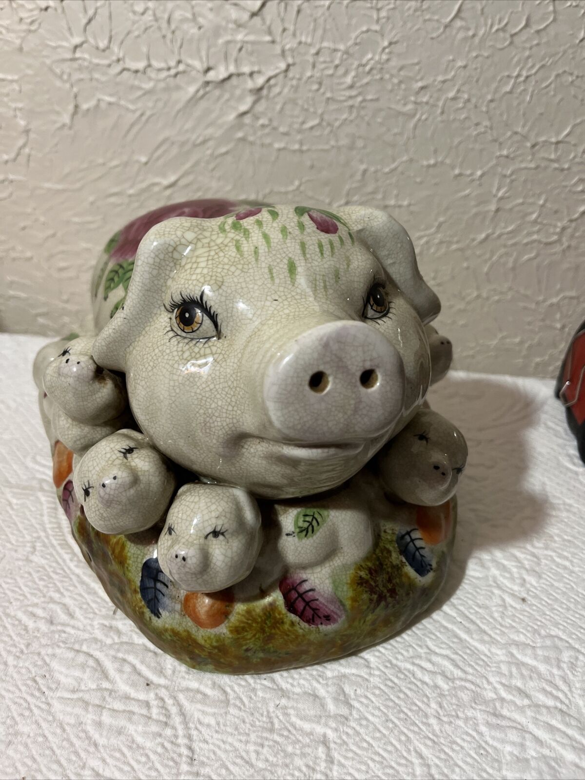 Majolica Large Pig w/Piglets Hand Painted. 11”L x7.25” W. Heavy/Quality