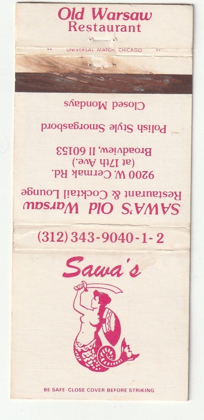 MATCHBOOK COVER SAWA\'S OLD WARSAW RESTAURANT BROADVIEW ILLINOIS - RISQUE GIRLIE