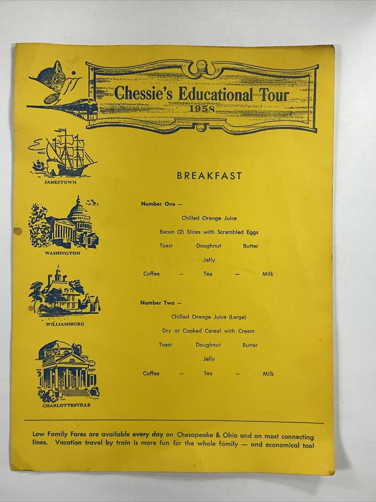 1958 Chessie\'s Educational Tour Menu Chesapeake & Ohio C&O Railroad Trains