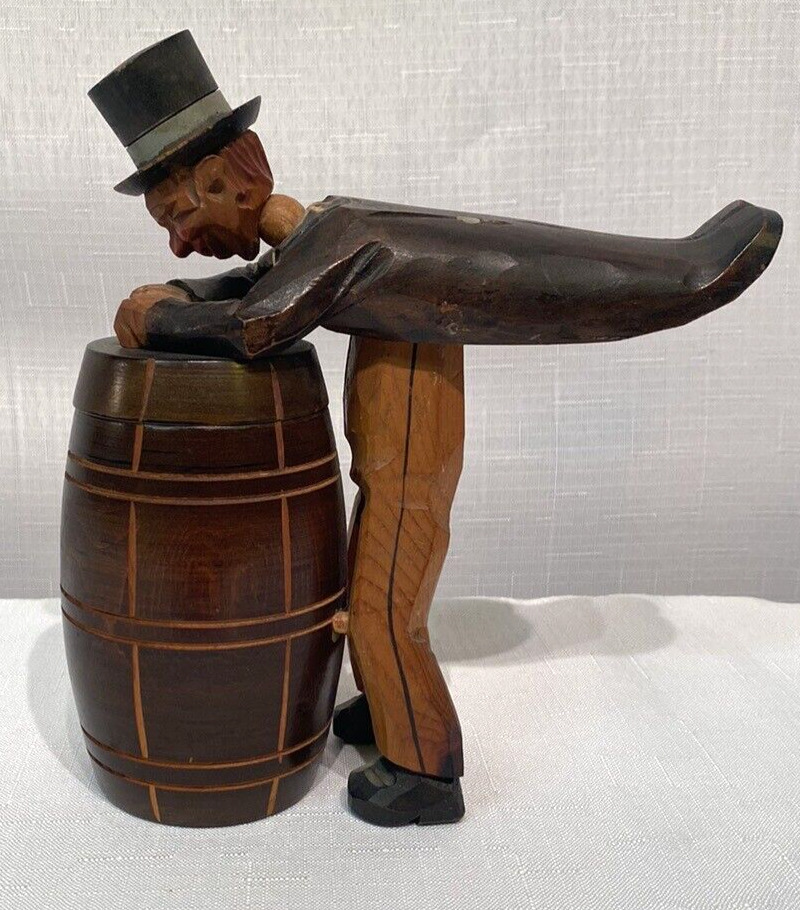 Vintage Wooden Moving Man Leaning On Barrel Match/Cigarette Box Wood Opens 7