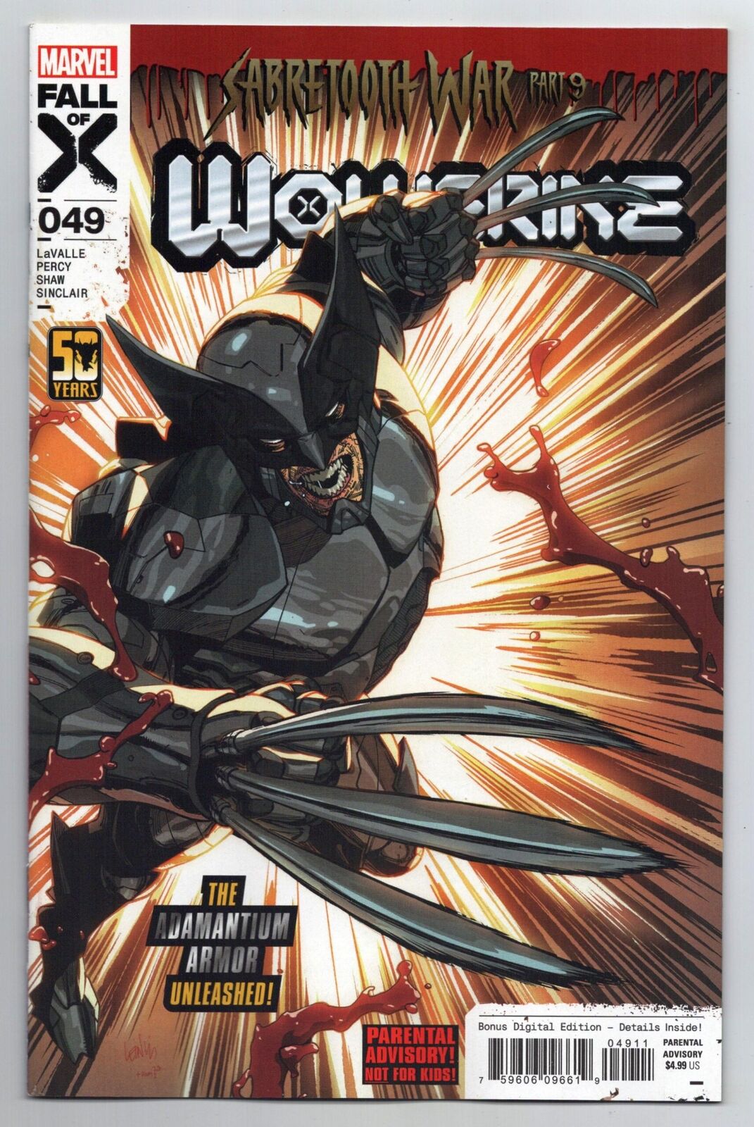 Wolverine #49 Yu Main Cvr | Adamantium Armor | Sabretooth War (Marvel, 2024) NM