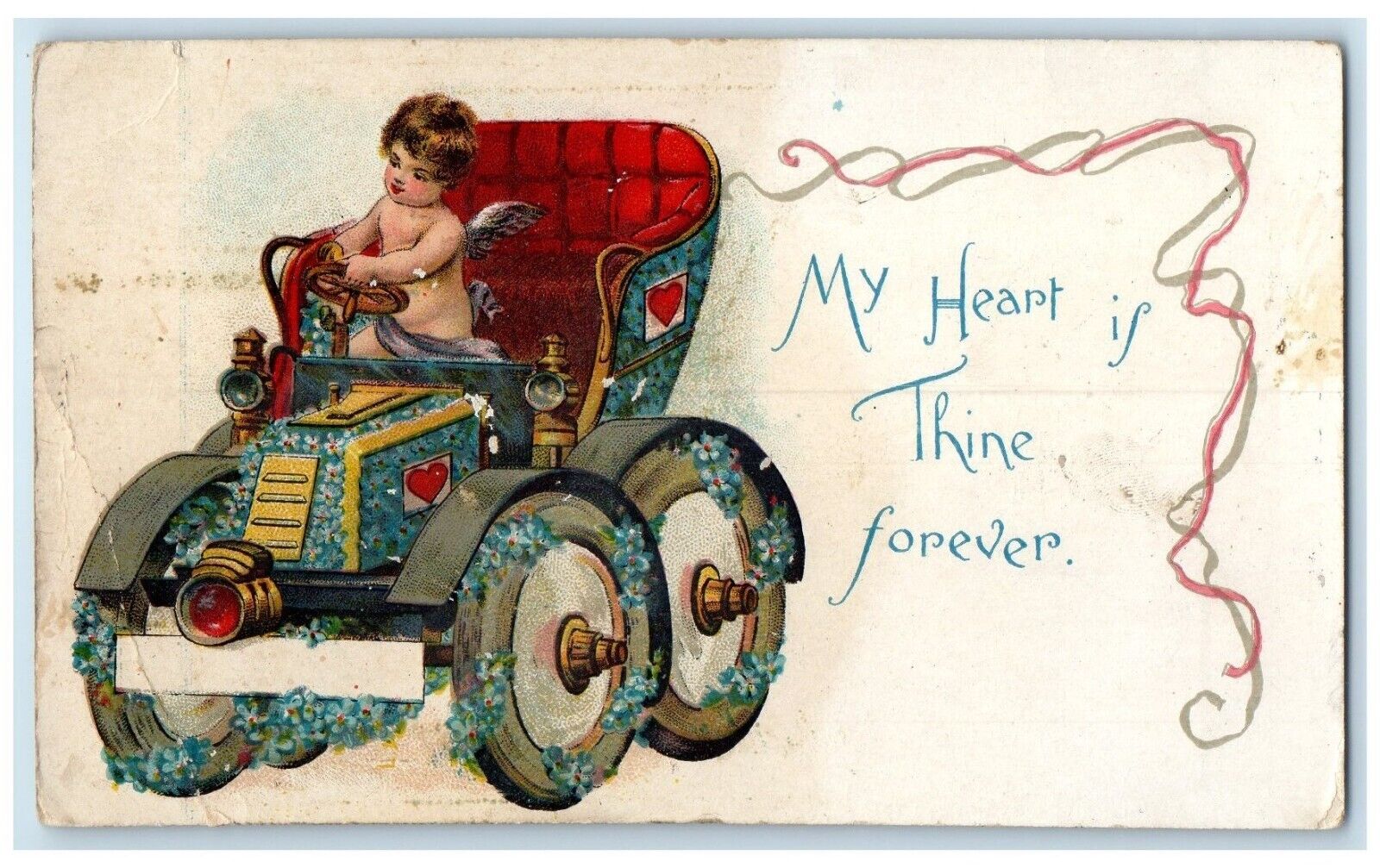 c1905 Valentine Angel Cupid Driving Car Pansies Flowers Antique Postcard