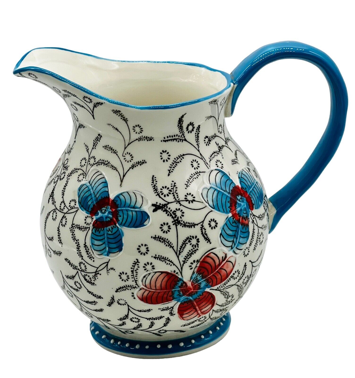 Dutch Wax Floral Pitcher Blue Red Flowers Handpainted Ceramic Coastline Imports