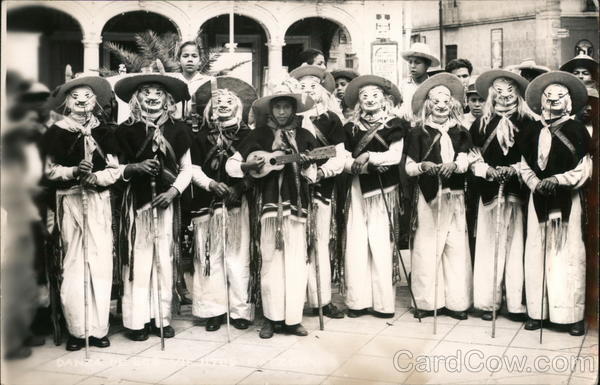 Mexico RPPC Group of Masked Men-One With Guitar SELLO Real Photo Post Card