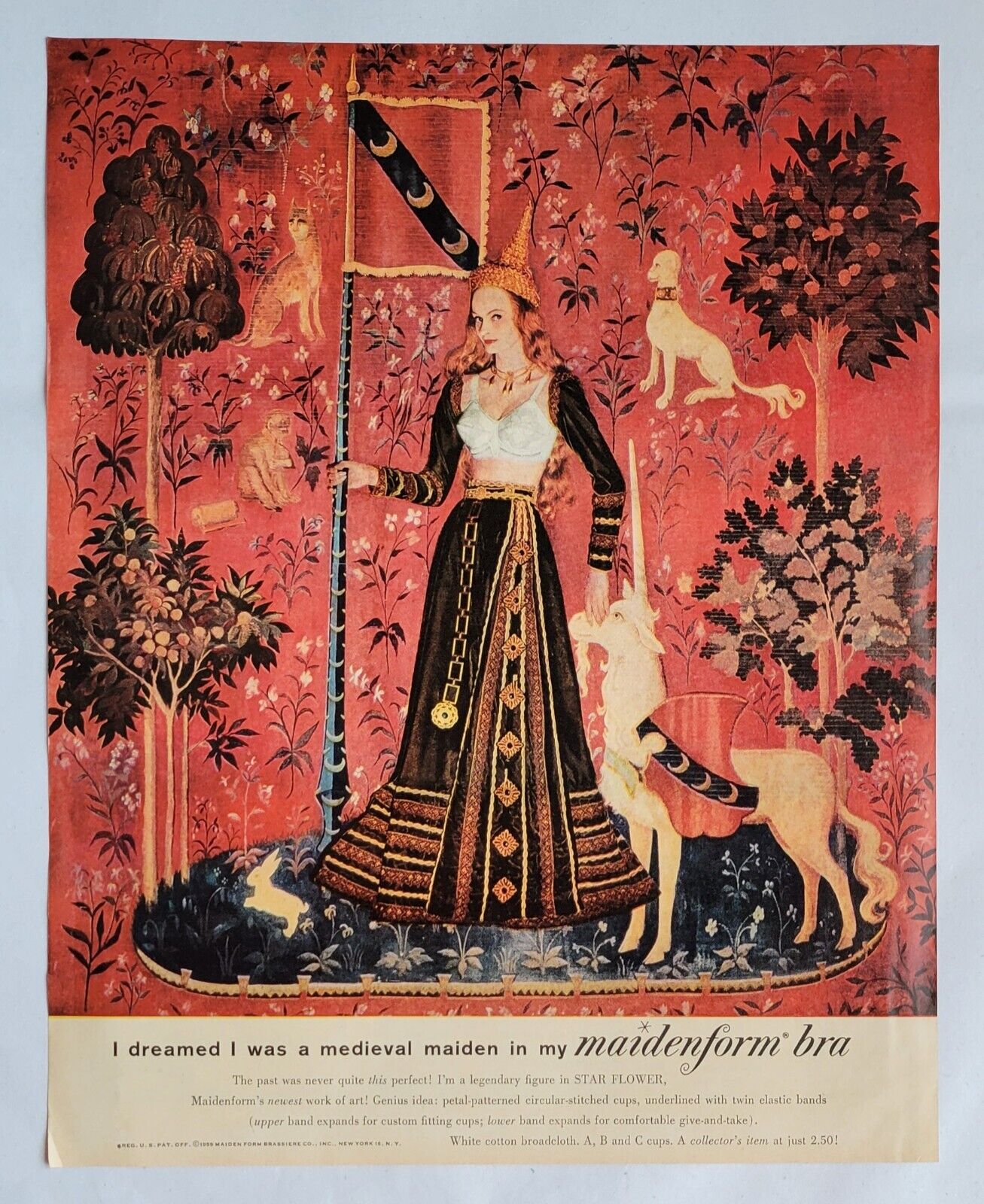 1950s Maidenform Bra Medieval Maiden Tapestry Print Ad 10.5 x 13\