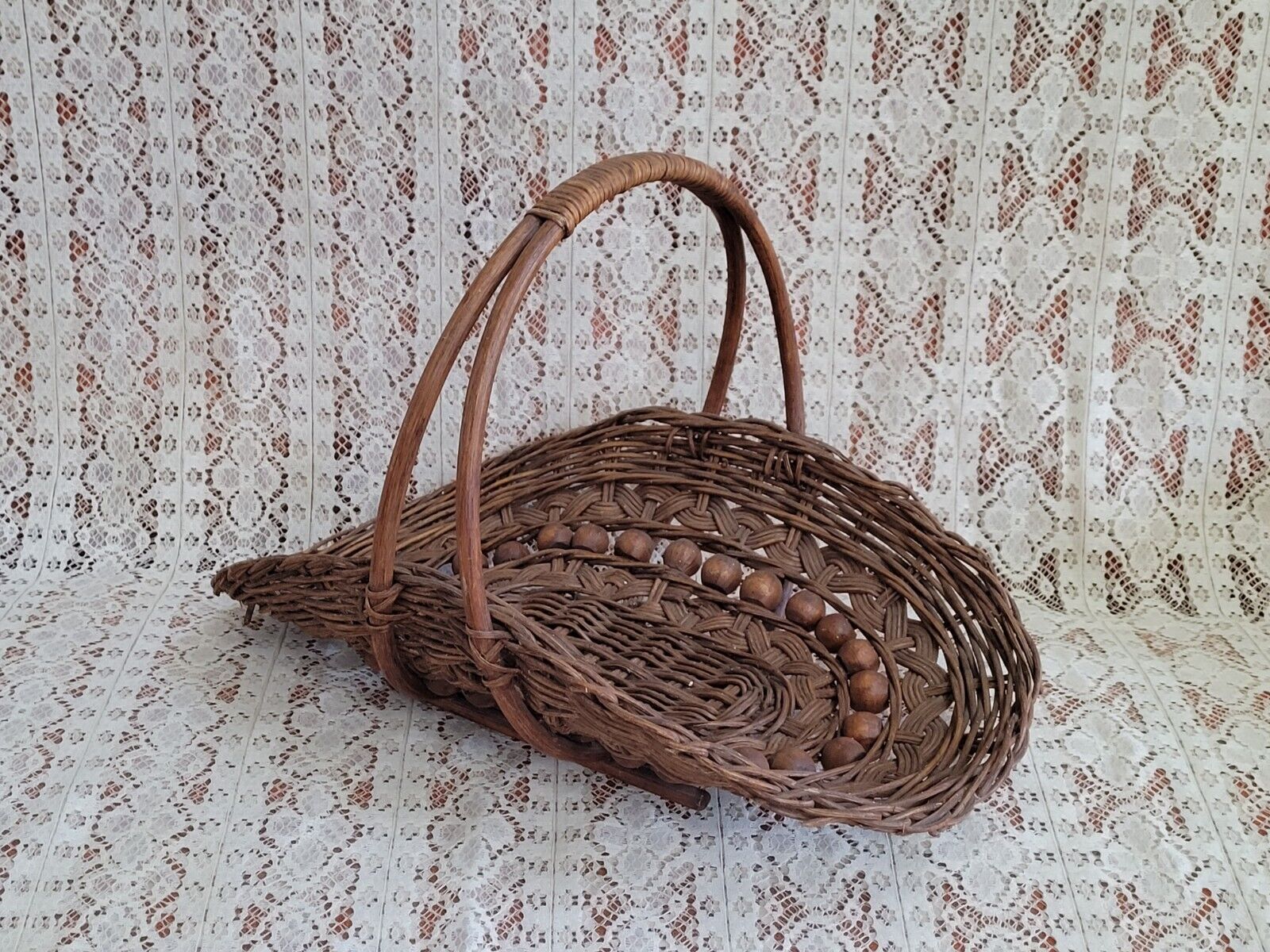 Antique/Vintage Wicker Beaded Basket,  Magazine/Mail Basket 