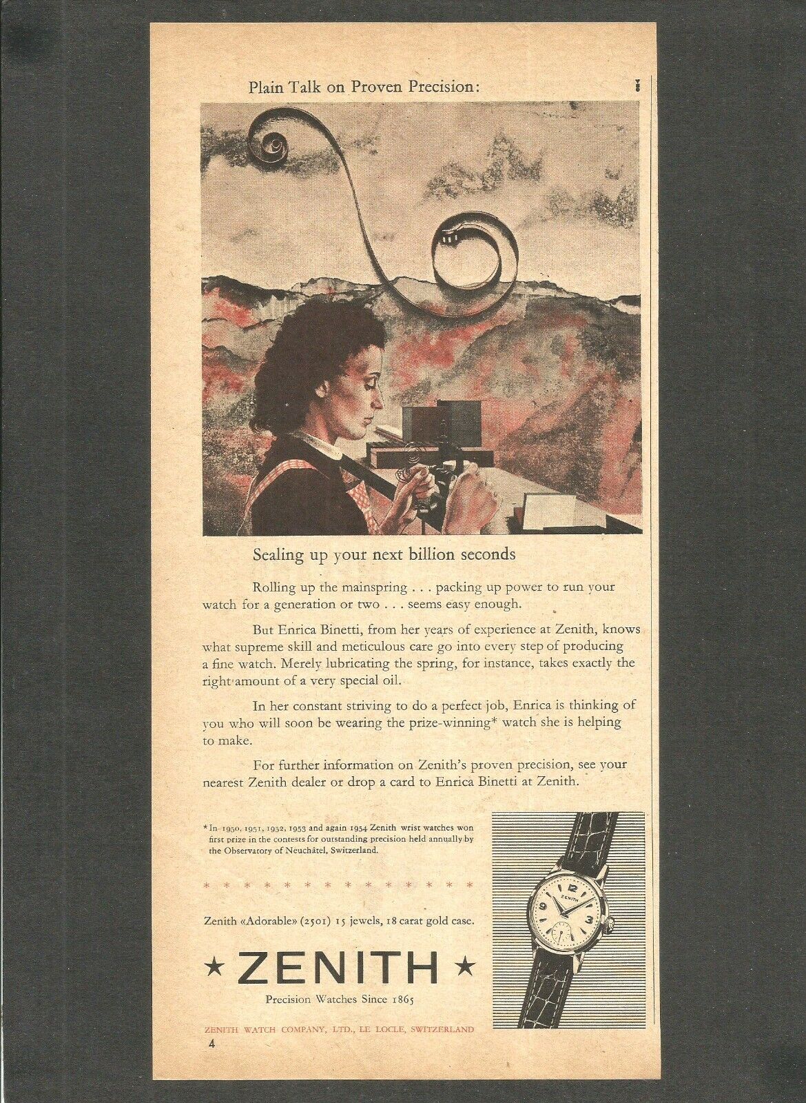 ZENITH \'\'Adorable\'\' watch- Enrica Binetti\'s supreme skill -1955 Vintage Print Ad