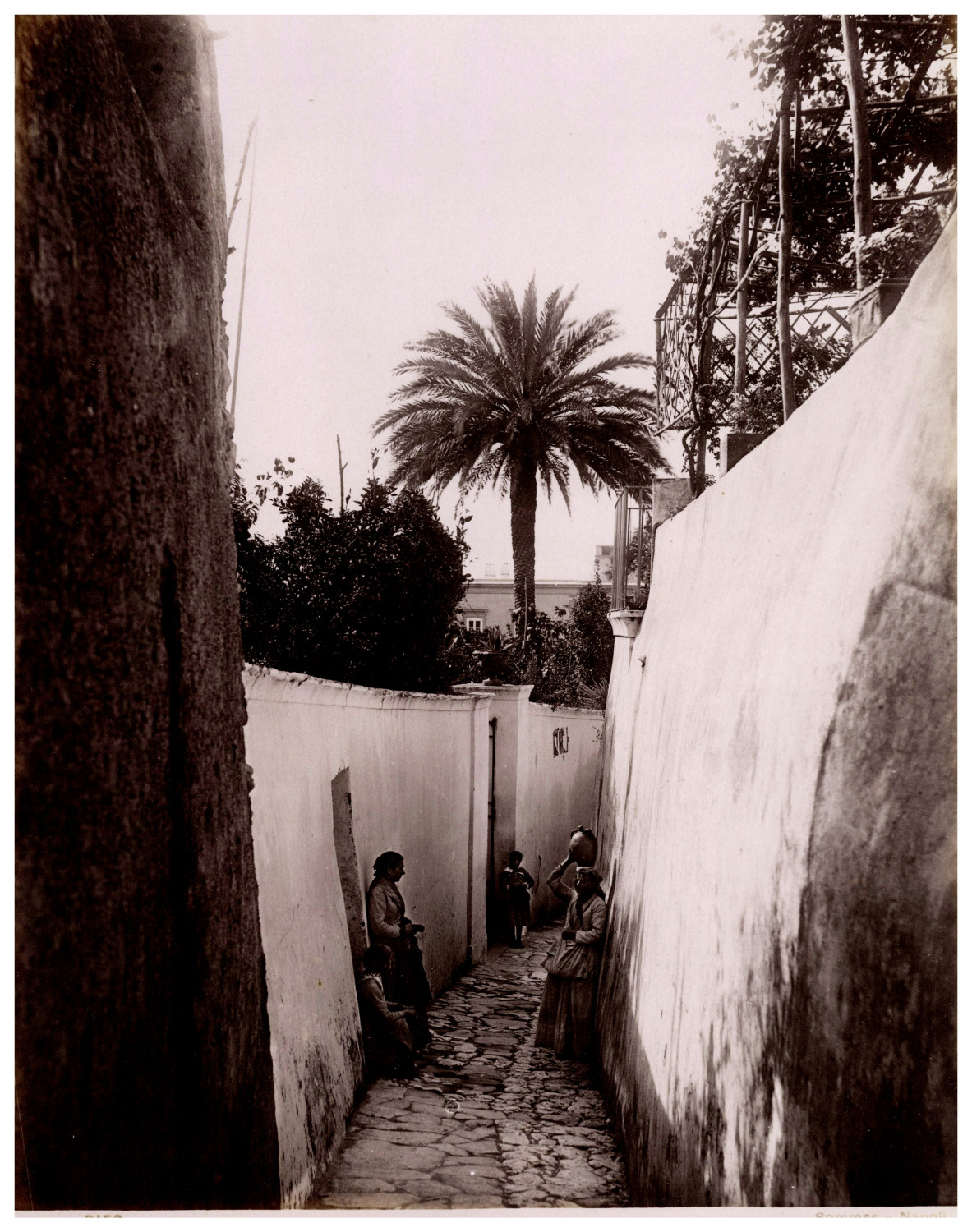 Italy, Capri, woman carrying water, typical alley vintage print, pull 