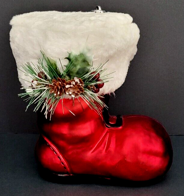 Large Santa Boot Shatterproof Christmas Ornament w/Faux White Fur Trim 8\