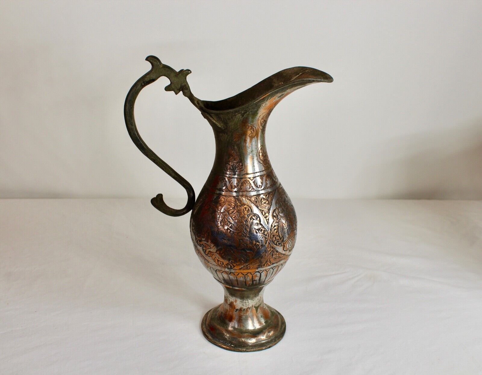 Antique Middle Eastern Arabic Islamic Copper Metal Pitcher Figures Men Horse