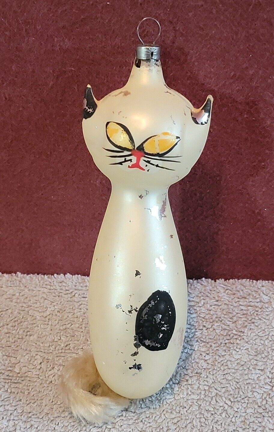 Rare HTF Vintage Czech blown glass kitty cat Christmas ornament 6\