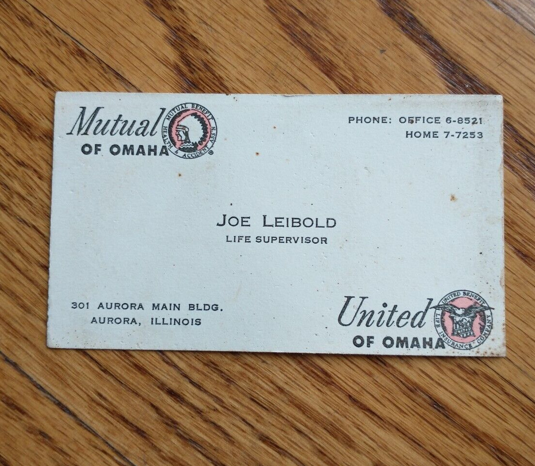 Vintage 1950s Mutual of Omaha, United of Omaha Business Card Aurora IL