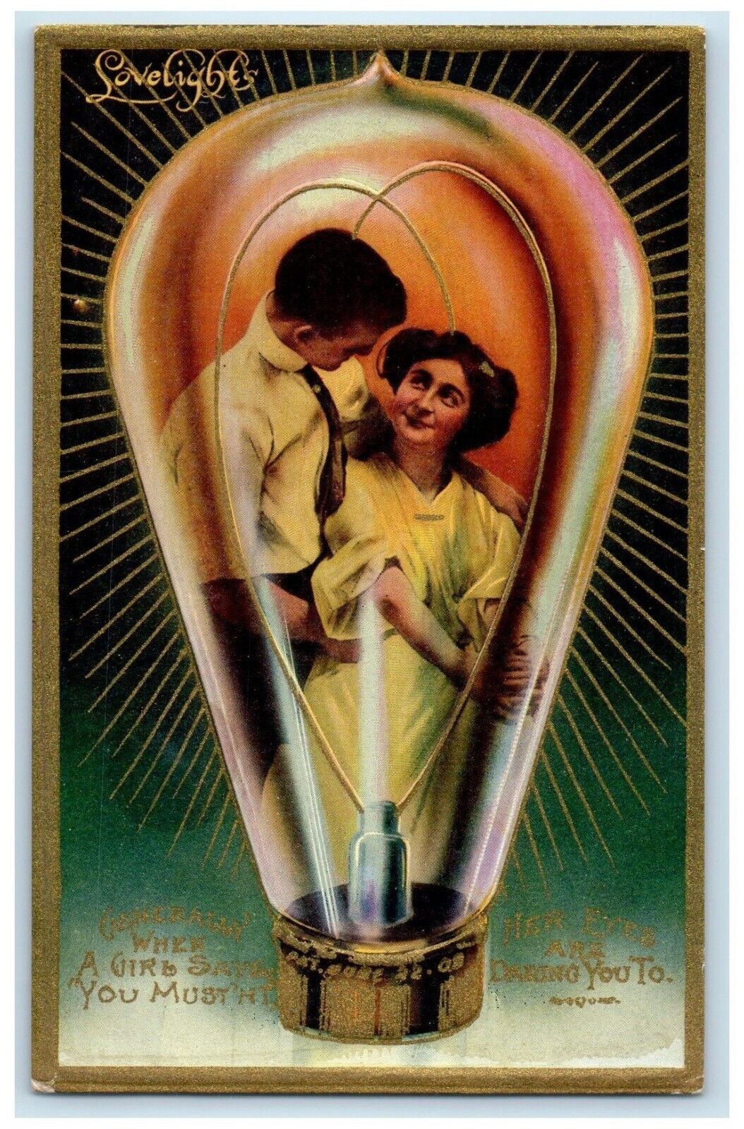 c1910's Sweet Couple Romance Lovelights Lightbulb Embossed Antique Postcard