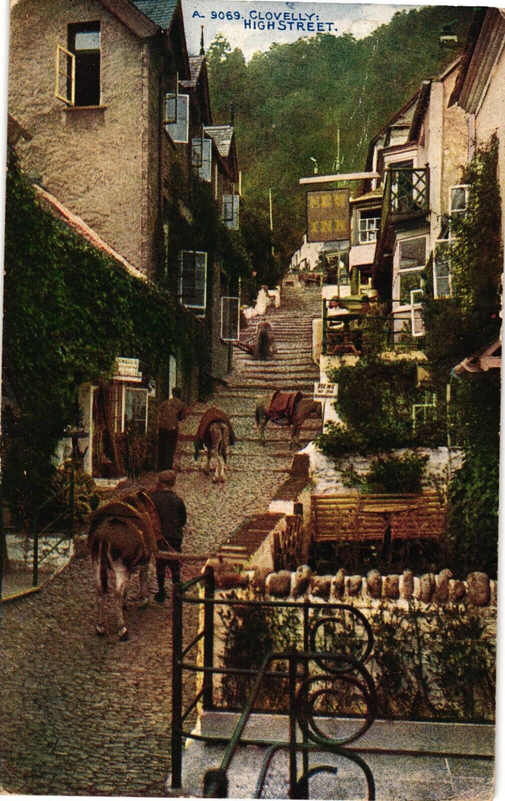 Clovelly High Street Donkeys People Bideford UK Divided Postcard c1914