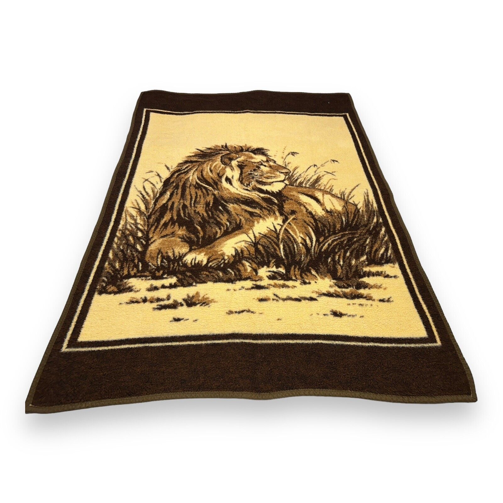 Vintage San Marcos Blanket Majestic Lion 54x74” Acrylic Blanket Brown Tan