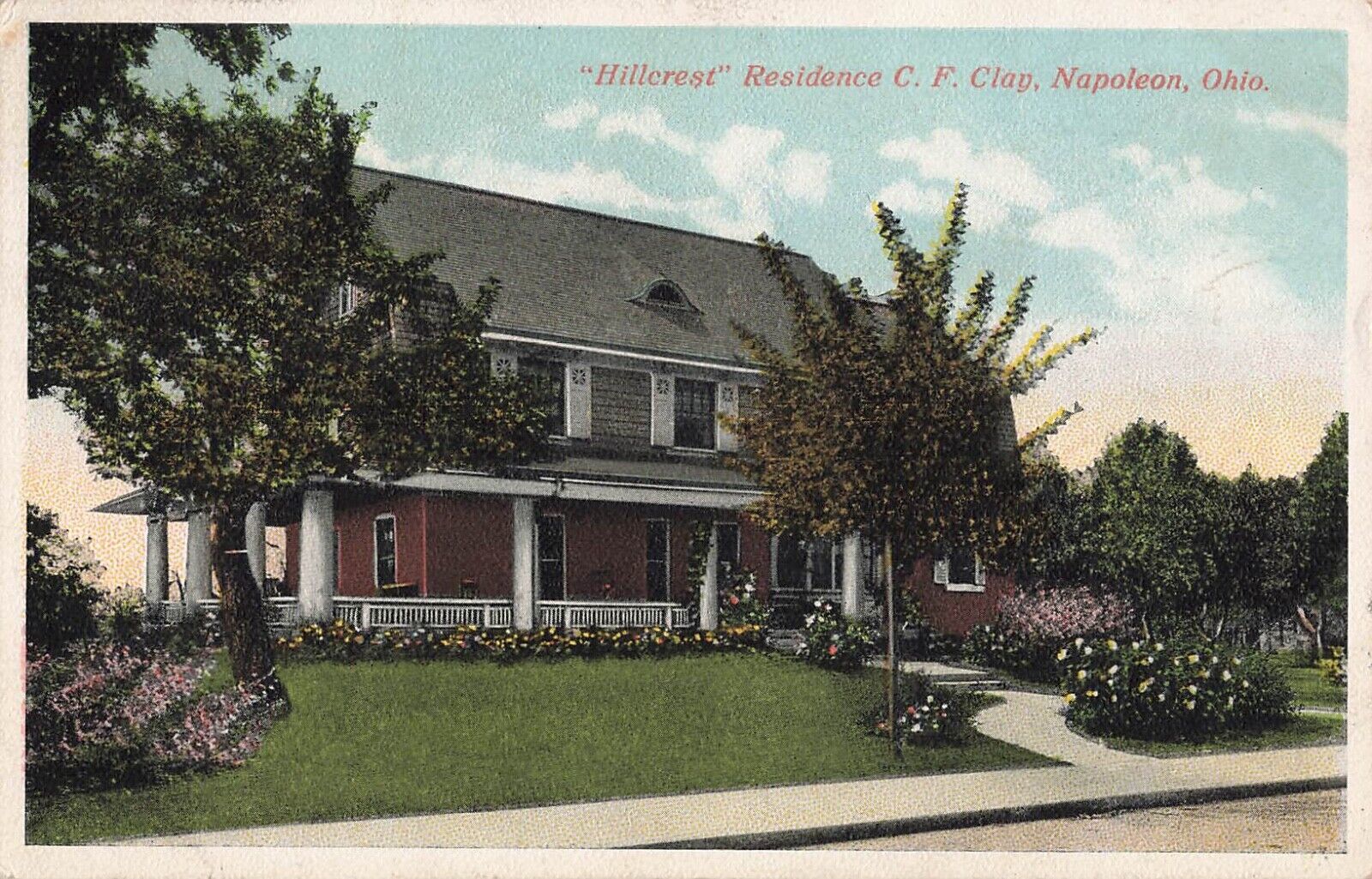 Napoleon, Ohio Postcard Hillcrest Residence C.F. Clay  PM 1923  OH6