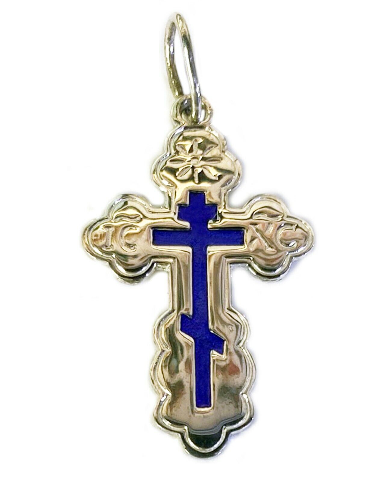 Sterling Silver Saint Olga Cross With Blue Enamel 1 3/4 inch Save us On the Back
