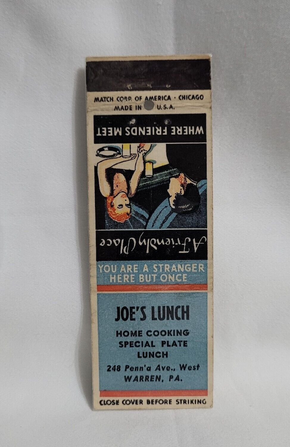 Vintage Joe\'s Lunch Restaurant Matchbook Cover Warren Pennsylvania Advertising