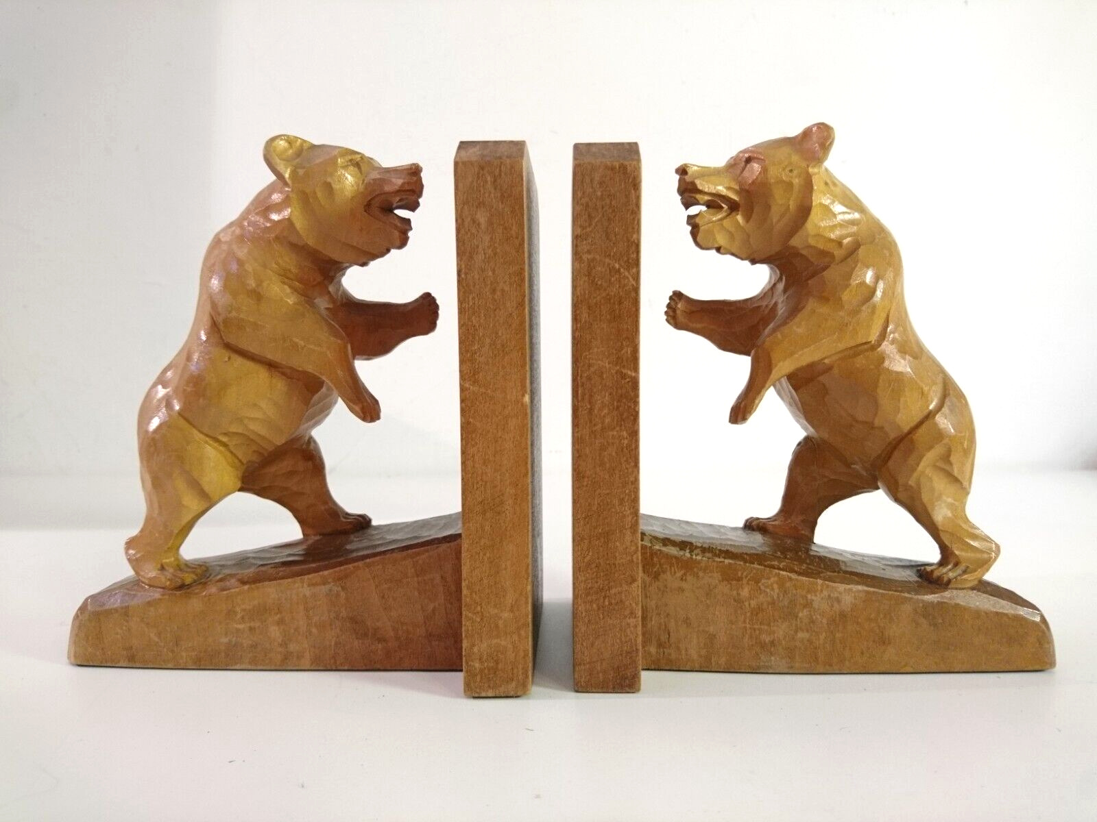 Vintage Wooden Hand Carved Bear Bookend Pair - Hungary 1960s