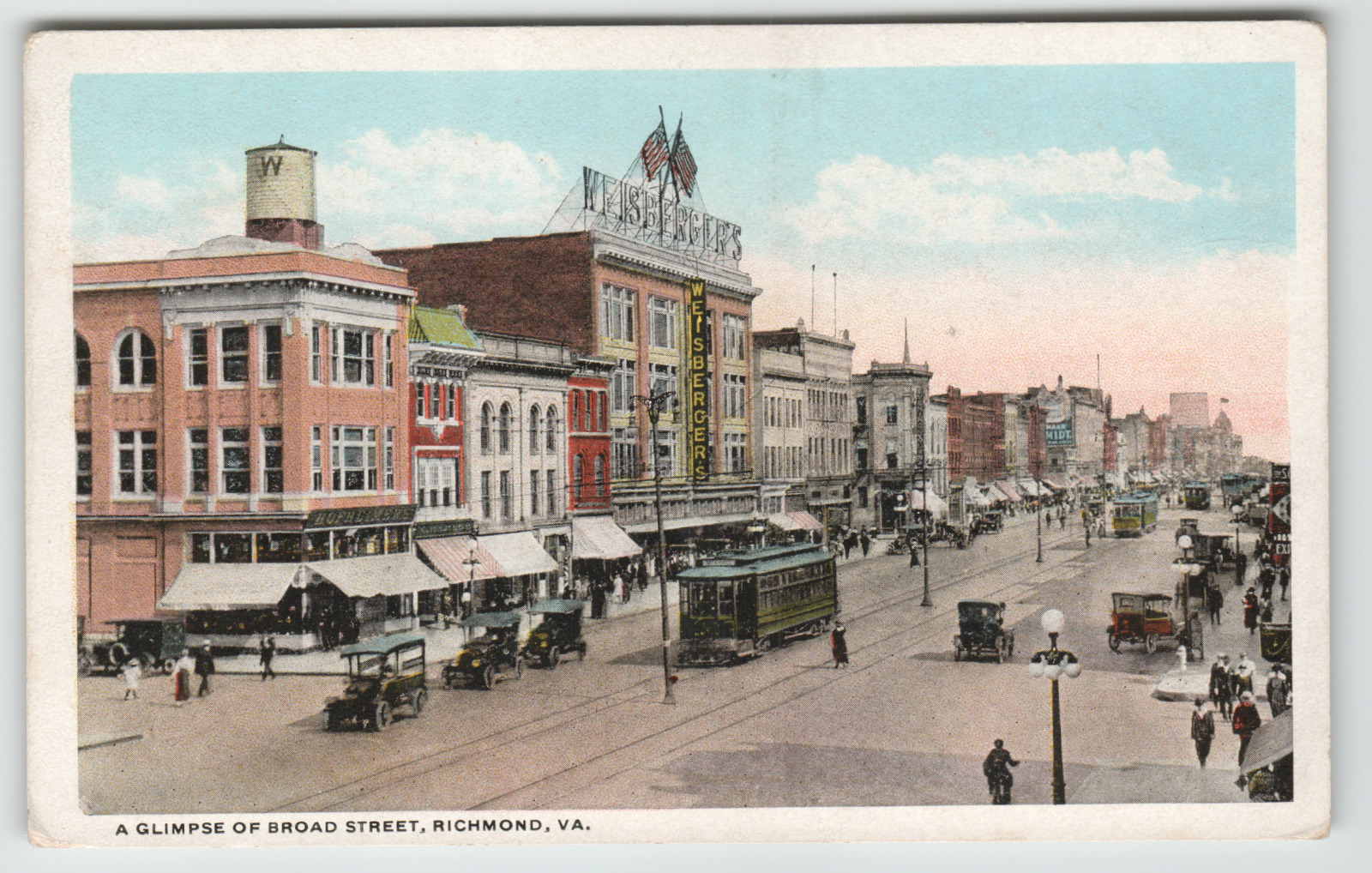 Postcard Vintage Broad Street showing Weisberger's Store in Richmond, VA.