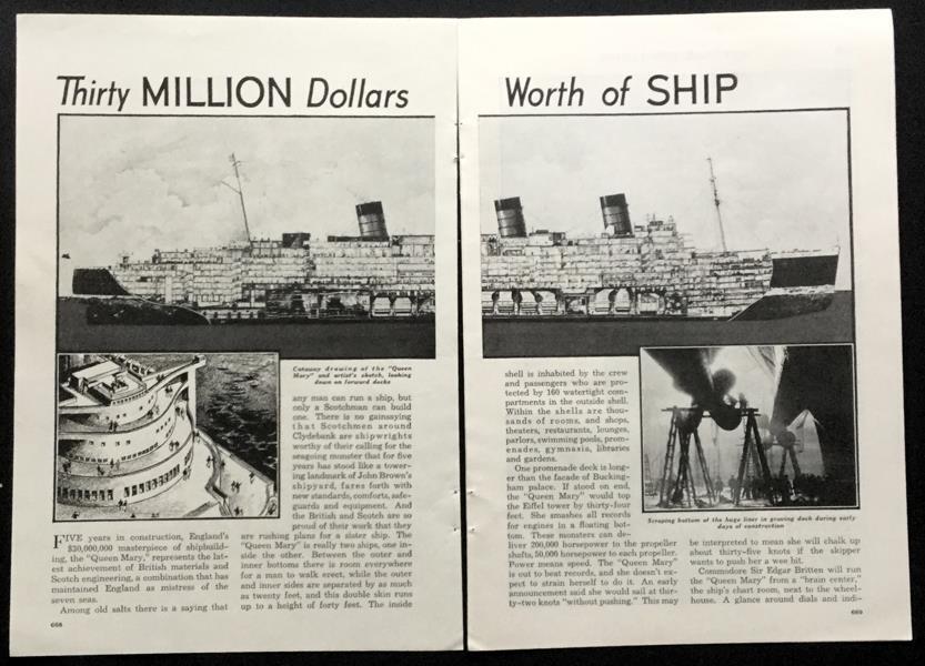RMS Queen Mary pre-launch OCEAN LINER 1936 vintage pictorial